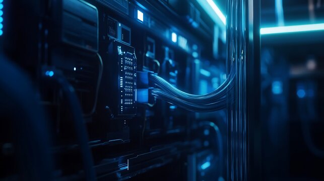 Server room, cable connection, data center, network, blue light