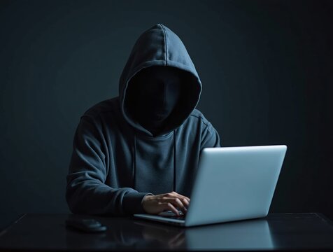 A hacker with hidden face in a hoodie using a laptop