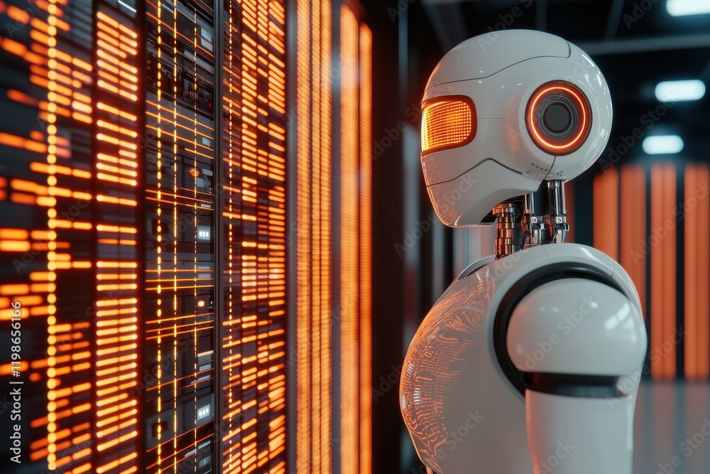 Poster innovative robot interacting with data center systems high-tech environment futuristic concept