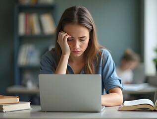 A stressed young woman with a laptop and books studies at a desk. The image conveys feelings of frustration and academic pressure