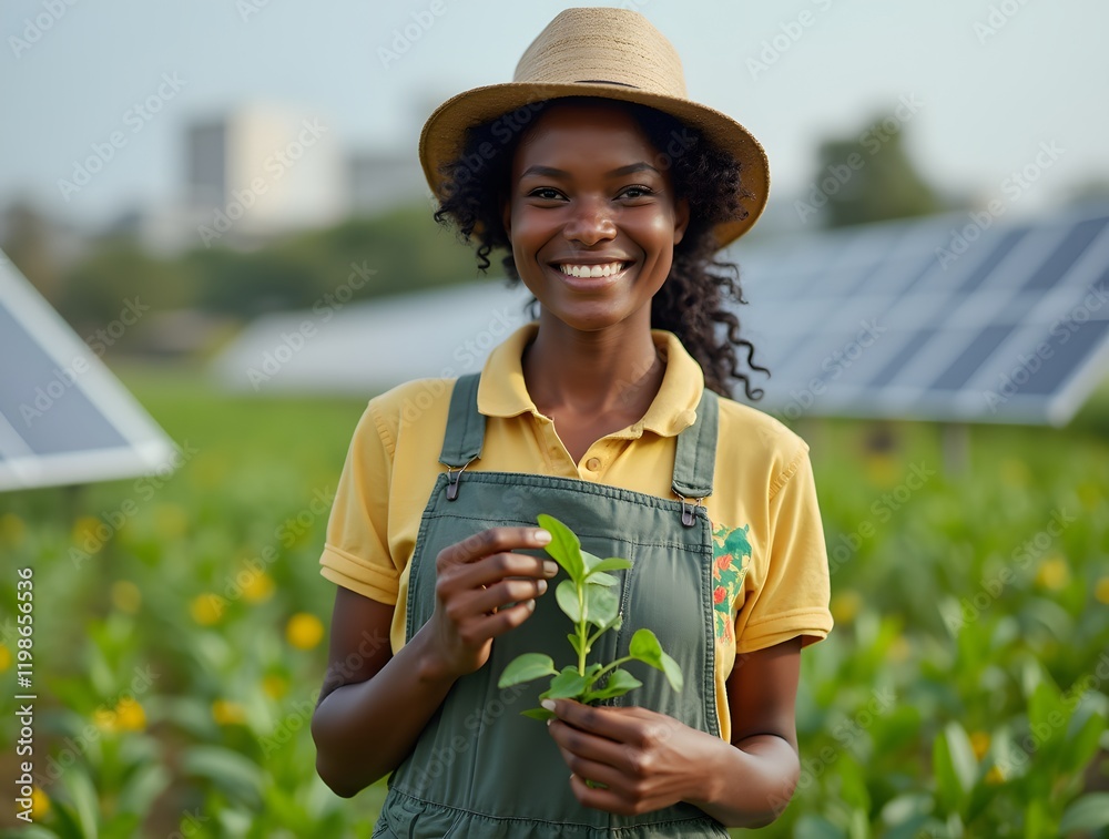 Wall mural Black woman, farmer and plant with solar panel for eco friendly, sustainable future and infrastructure in city. Portrait, ecology, female person with renewable energy for natural growth in Nigeria