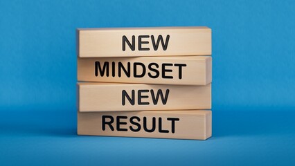 Mindset symbol. Wooden blocks with words New Mindset new Result. Business and New Mindset new Result concept. Copy space.3D rendering on blue background.
