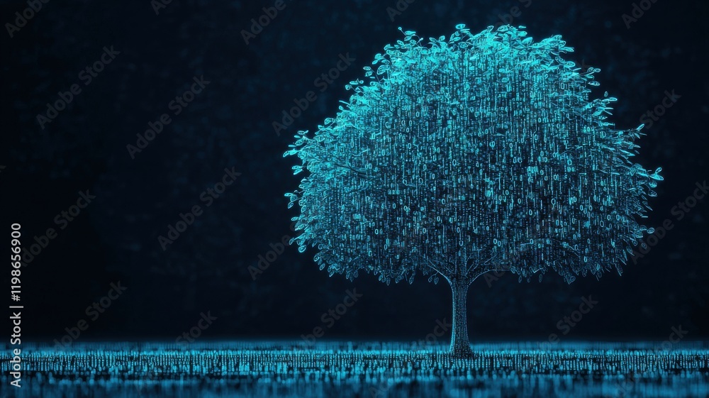 Poster digital visualization of a glowing tree surrounded by binary code in a dark environment