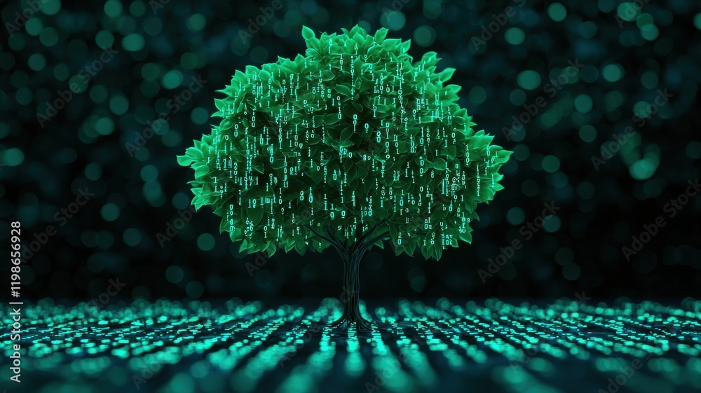 Poster digital tree composition with binary code rain virtual environment futuristic concept abstract viewp