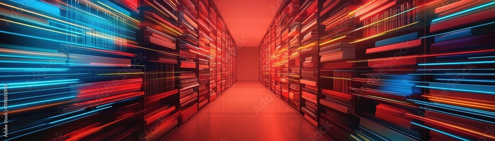 Poster data processing event in high-tech server room with dynamic lighting futuristic environment perspect