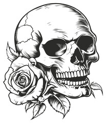 PNG Skull bitting rose art illustration drawing.