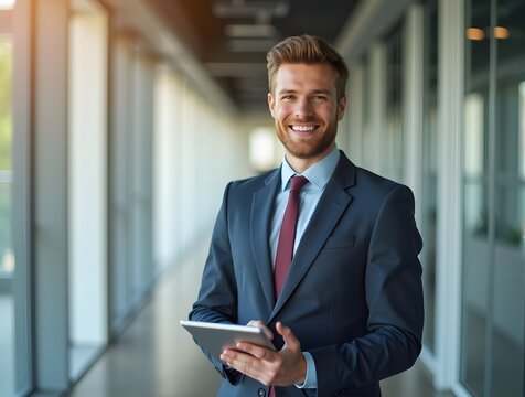Confident young professional dressed smartly, smiling and holding a tablet, standing in a modern office hallway with natural lighting, representing leadership and innovation in a business environment
