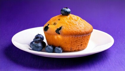 blueberry muffin on white plate, blueberry fruit, isolated purple background, copy space 