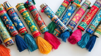 Symmetrical Flat-Lay of Festive Firecrackers and Decorative Tassels on White Surface