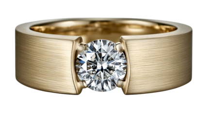 A single gold ring with an embedded diamond placed on a white background highlighting its brilliance and luxury 