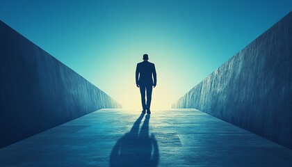 Businessman walking on a path leading upward, representing career growth, success, and the journey to success with a clear and optimistic horizon