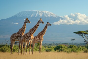 Fototapeta premium Three giraffes standing gracefully in front of Mount Kilimanjaro, showcasing the beauty of wildlife in Tanzania during a clear day