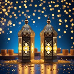Couple of glowing Moroccan ornamental lanterns on the table. Greeting card, invitation for Muslim holy month Ramadan Kareem. Festive blue night background with glittering golden bokeh lights.. generat