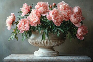 Elegant Pink Peonies in a Marble Vase on Stone Pedestal