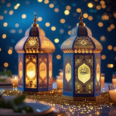 Couple of glowing Moroccan ornamental lanterns on the table. Greeting card, invitation for Muslim holy month Ramadan Kareem. Festive blue night background with glittering golden bokeh lights.. generat