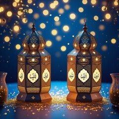 Couple of glowing Moroccan ornamental lanterns on the table. Greeting card, invitation for Muslim holy month Ramadan Kareem. Festive blue night background with glittering golden lights. generative Ai 