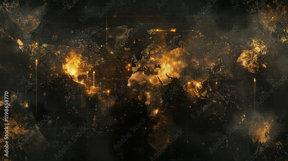 Poster abstract world map featuring a digital grid and binary lights.