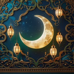 Islamic decoration background with lantern and crescent moon luxury style. Generative Ai 
