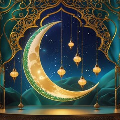 Islamic decoration background with lantern and crescent moon luxury style, generative Ai 