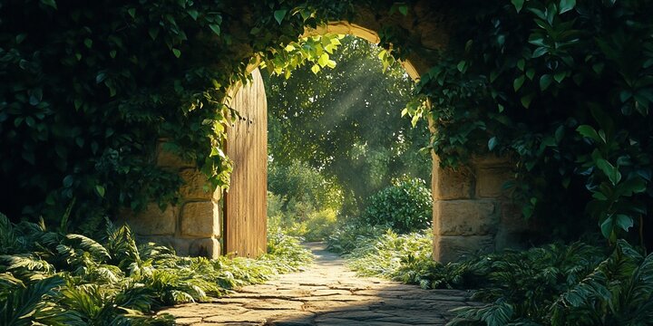 Stone archway garden path, sunlight, fantasy