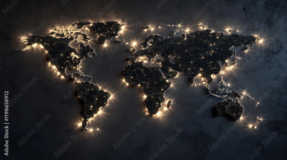 Poster abstract world map with glowing binary lights.
