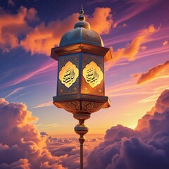 New 2025 Eid Mubarak background design, Ramadan Lantern Lamp with sunset sky, Islamic concept image. Generative Ai 