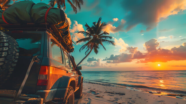 A luxurious vehicle with bags for unwinding on a tropical vacation a vacation to palm Coast at sunset