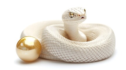 Fototapeta premium Coiled Snake Holding Glowing Golden Pearl on Bright White Surface
