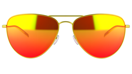 A sleek pair of sunglasses with reflective lenses placed on a white background showcasing their modern design 