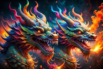 Fototapeta premium Mystical Dragon Heads: Long Exposure Colorful Flames & Energy