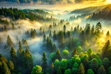 Mystical Foggy Forest: Aerial View of Lush Evergreen Trees