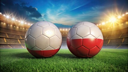 Naklejka premium Poland vs Austria Group D Soccer Match: 3D Render of Soccer Balls on Stadium Background