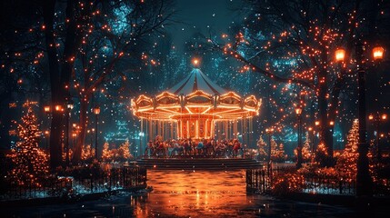Festive Carousel Under Snowy Night Sky Lights