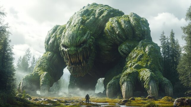 Massive moss-covered monster looms over tiny figure.