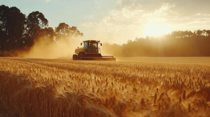 Obraz premium Farm machinery harvesting a golden wheat field on a sunny day with dust rising in the air