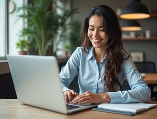 Busy young business woman executive using laptop in office. Smiling Hispanic businesswoman company employee sitting at work desk, professional female hr manager looking at pc computer at workplace