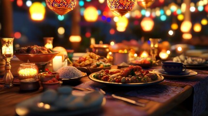 Fototapeta premium Festive dinner with warm candlelight and colorful lanterns