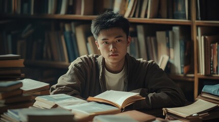 Artistic shot of an Asian student in a library, blending thoughtful composition with academic themes.