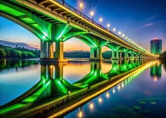 Fototapeta premium Nanning City Night Bridge Panoramic - Long Exposure Photography of Double Cantilever Concrete Bridge with Green River Reflection