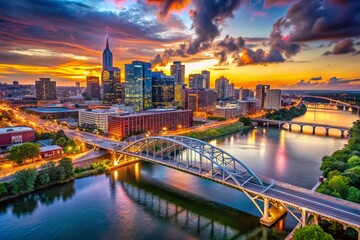 Fototapeta premium Nashville Skyline Dusk Aerial View Pedestrian Bridge Urban Exploration