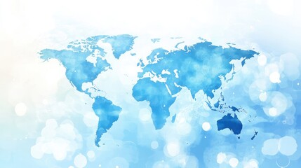 Artistic world map with luminous light blue tones.