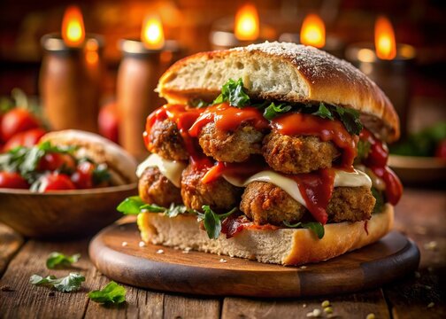 Neapolitan Panuozzo Sandwich: Fried Meatballs, Smoked Provola Cheese, Eggplant Parmesan & Tomato Sauce in a Pub
