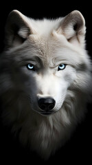 Obraz premium Majestic White Wolf with Piercing Blue Eyes Gazes Intently from the Darkness