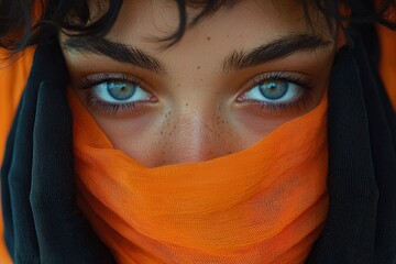 Naklejka premium Close-up of a model with captivating eyes and orange scarf