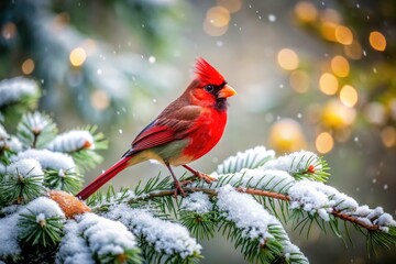 Red Cardinal Christmas Tree Branch Tilt-Shift Miniature Photography