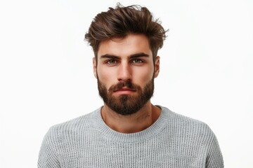 Obraz premium Serious young man in grey sweater listens attentively.