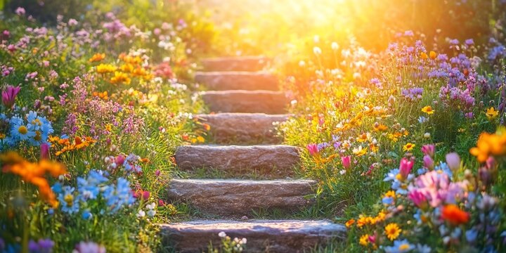 Sunlit stone steps in vibrant flower garden. Peaceful nature scene, ideal for wellness