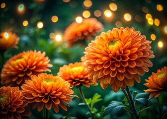 Night Bloom: Orange Chrysanthemums & Green Leaves - Stunning Dark Floral Photography