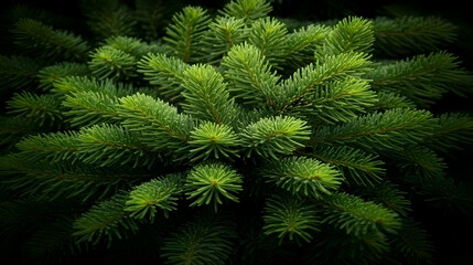 Close-Up of Vibrant Green Pine Branches Creates Lush, Textured Background with Deep Shadows