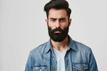 Obraz premium Confident hipster male model in denim shirt poses in studio.